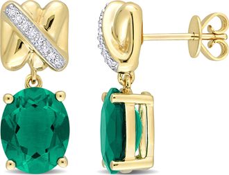 Mimi & Max 6 5/8ct TGW Created Emerald 1/10ct TDW Diamond Crossover Earrings 14k Yellow Gold