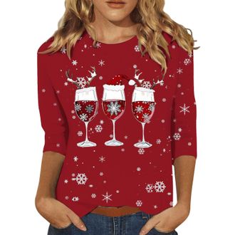 Generic Long Sleeve T-Shirt for Women Summer Tops Fit Tee Women Christmas Printed Pullover Round Neck Seven Quarter Sleeve Sweater Shirt Womens Fashion (Red, 