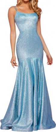 Sherri Hill Spaghetti Strap Glitter Dress In Turquoise/silver