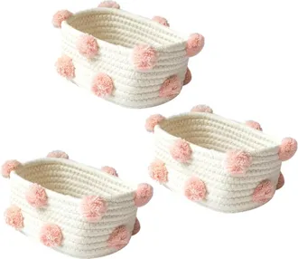 OEM 3 Cestas De Almacenamiento De Algod&oacute;n Tejido Con Pompones Decorativos, Accesorios De Acabado, Caja Rosa