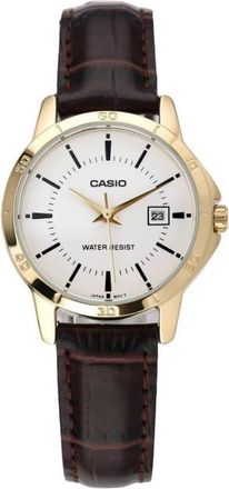 Casio Womens Gold Analog Watch with White Dial and Brown Leather Strap - LTP-V004GL-7AUDF