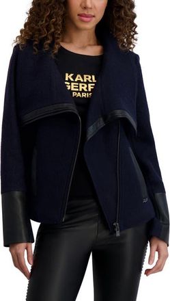 Karl Lagerfeld Wool Blend & Faux Leather Asymmetric Jacket in Navy at Nordstrom, Size X-Small