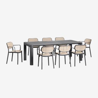 Sklum Sklum - Set De Mesa Rectangular (220x100 Cm) Arnadine Y 8 Sillas De Comedor Apilables Con Reposabrazos Omara