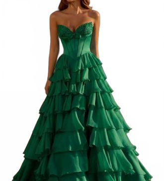 Sherri Hill 57586 Strapless Silk Corset Chiffon Ruffle Skirt Ballgown Dress In Emerald