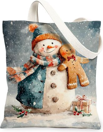 Generic Snow Man Canvas Tote Bags, Cute Winter Character Pattern Reusable Bags, Fun Holiday Lightweight Washable Shoulder Strap Canvas for Outdoor Travel 13x1