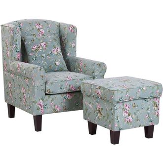 Beliani Beliani - Classic Armchair with Footstool Floral Pattern Wooden Legs Green Hamar