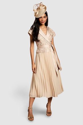 Coast Lace Wrap Top Pleat Tux Midi Dress in Champagne at Nordstrom, Size 10