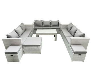 Fimous Rattan Garden Outdoor Furniture Set 12 Seater Garden Sofa Oblong Coffee Table Set with 3 Footstools Light Grey Mixed