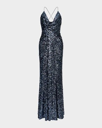 Halston Heritage Manon Deep V-Neck Sequin Gown
