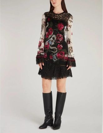 Roberto Cavalli Floral Mini Dress with Lace Trim, Brand Size 40 ( US Size 6 )