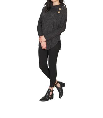 Papillon Heatherd Tunic Top With Drape Collar In Charcoal