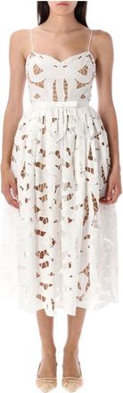 Self Portrait Witte Strik Geborduurde Midi Jurk - Dames - Casual kleedjes - Wit - S - Katoen - Kleedjes