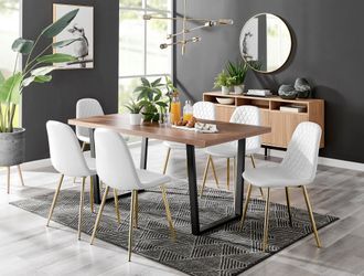 Furniturebox Kylo Large Brown Wood Effect Dining Table & 6 Corona Gold Leg Faux Leather Chairs in White