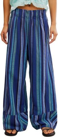 Free People Days End Stripe Wide Leg Linen Pants in Navy Combo at Nordstrom, Size X-Large