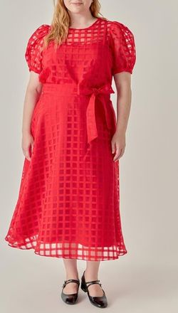 English Factory Sheer Plaid Short Puff Sleeve Top in Red at Nordstrom, Size 1X