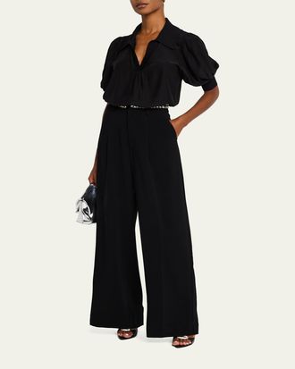 Cinq &agrave; Sept Weldon Collared V-Neck Short-Sleeve Silk Combo Top