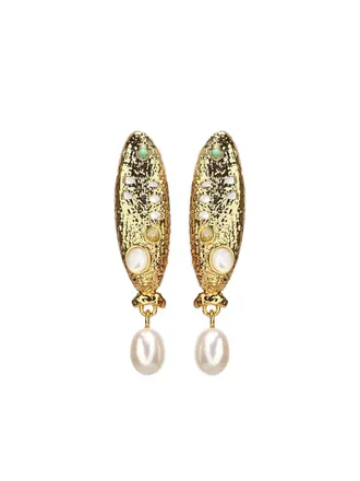 Lizzie Fortunato Sardina pearl drop earrings - women - Gold Plated Brass/Sterling Silver/Freshwater Pearl/Peridot/Lab-Grown Simulated Turquoise/M