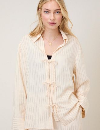 Nobody's Child Cream Pinstripe Tie Front Shirt