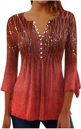 Generic Casual T Shirts Long Sleeve Tops Womens Blouse Fit 3/4 Length Sleeve Womens Tops Casual Button Up V Neck Tunic Shirts Floral Print Ruched Flowy Spring