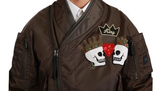 Dolce & Gabbana Mens Brown Beaded Crown Skull Logo Jacket Nylon Clothing