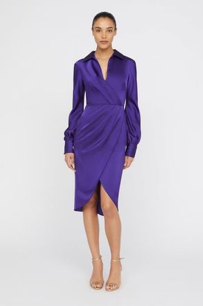 Theia Steph Shirt Wrap Button Down Satin Dress in Empress Violet at Nordstrom, Size 10