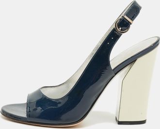 Casadei Navy Blue Patent Leather Open Toe Slingback Pumps