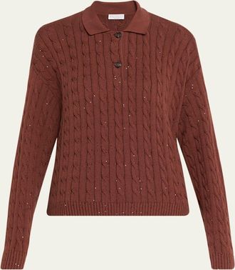 Brunello Cucinelli Paillette Cable Knit Long-Sleeve Polo Sweater