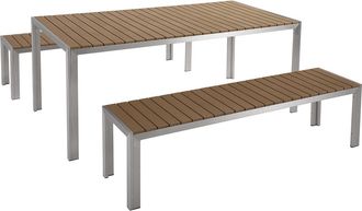 Beliani Conjunto De Comedor 6 Plazas De Metal Plateado Madera Clara Cepillado 2 Bancos Nardo