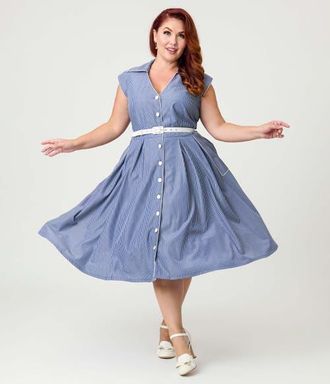 Unique Vintage Plus Size Shirt Swing Dress in Blue & White Stripe at Nordstrom, Size 3X