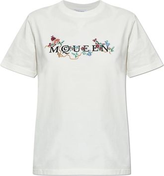 Alexander McQueen Floral Mc Queen Logo T-shirt - Dames - T-shirts - Wit - S - Katoen - Tops
