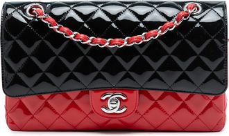 Chanel Pre-owned Womens Medium Classic Bicolor Patent Double Flap - Black Leather - One Size