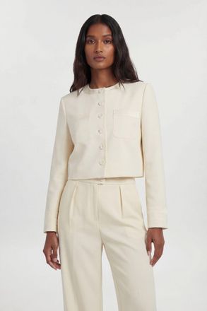 Karen Millen Womens Petite Satin Tux Tailored Collarless Cropped Blazer - White - Size 12 UK