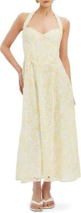 Bardot Pollie Eyelet Halter Midi Dress in Yellow Floral at Nordstrom, Size 12