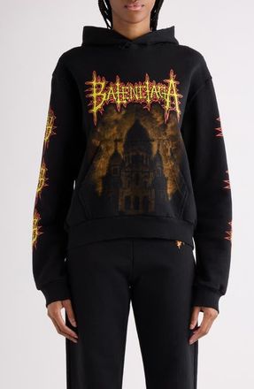 Balenciaga Medium Fit Distressed Sacr&eacute; Couer Graphic Hoodie in 1000 Black at Nordstrom, Size Large