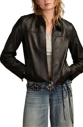Lucky Brand Zip Crop Leather Jacket in Black at Nordstrom, Size Medium