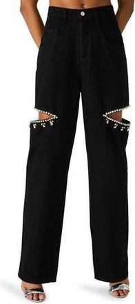 Steve Madden Ayla Embellished Slit Straight Leg Jeans in Black at Nordstrom Rack, Size 25