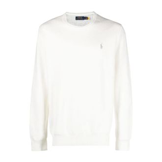 Ralph Lauren Round-neck Knitwear, male, White, Size: XL Pony-Embroidered Honeycomb Knit Jumper