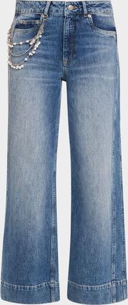 Cinq &agrave; Sept Pearly-Chain Cropped Wide-Leg Jeans