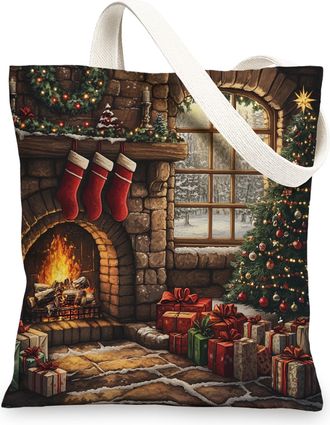 Generic Merry Christmas Fireplace Canvas Tote Bag for Shopping 13x15, Window Xmas Landscape Reusable Grocery Print Bag for Women, Holiday New Year Beach Aesth