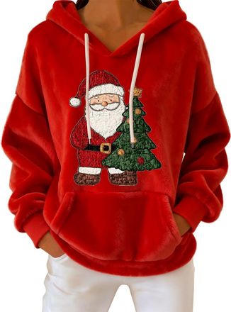 Generic Christmas Sweatshirt for Women Hoodie Cozy Print Hooded For Soft Fleece Lined Pullover Pocket Long Sleeve Casual Top Christmas Hoodies for Women Tops 