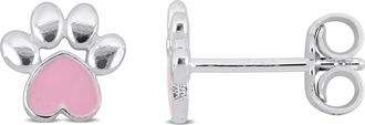 Mimi & Max Pink Enamel Paw Stud Earrings in Sterling Silver