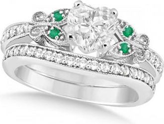 Allurez Heart Diamond & Emerald Butterfly Bridal Set in 14k W Gold (1.71ct)