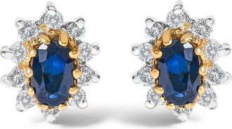 House of Brilliance 14K Yellow Gold 1/4 Cttw Diamond and Sapphire Sunburst Halo Stud Earrings at Nordstrom