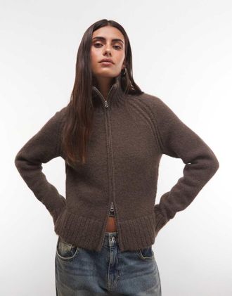 Weekday felpa in pile borg con collo alto e zip integrale marrone scuro