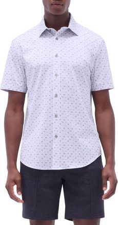 Bugatchi Miles OoohCotton Whiskey Print Short Sleeve Button-Up Shirt in Platinum at Nordstrom, Size Xxx-Large