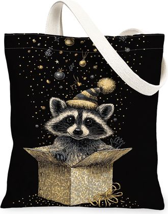 Generic Festive Raccoon Canvas Tote Bags, Cute Animal Pattern Reusable Shopping Bags, Holiday Lightweight Washable Shoulder Strap Canvas for Gym Outdoor Trave