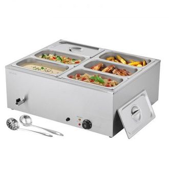 OEM Calentador De Alimentos 1500 W, De Acero Inoxidable, Con Tapa, Para 6 Sartenes, Para Buf&eacute; De Encimera, Ba&ntilde;o Mar&iacute;a Con Cucharones Para Sopa Y Perforado