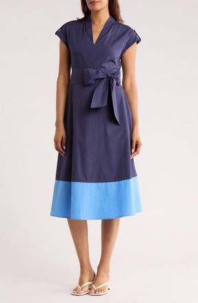 Vince Camuto Colorblock Cap Sleeve Cotton Poplin Midi Dress in Navy Multi at Nordstrom Rack, Size 10