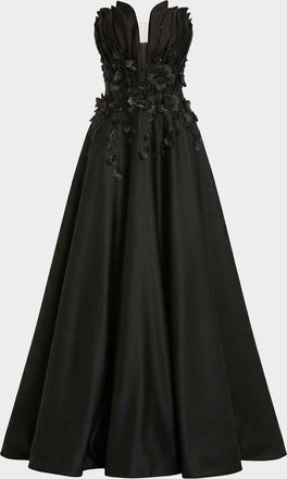 Mac Duggal Beaded Floral-Appliqued Charmeuse Strapless Gown