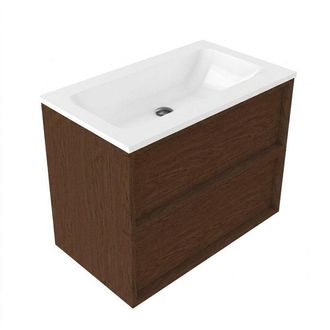 Saniclass Holz Frame Badkamermeubelset - 80x45x77.5cm - Torino solid surface wastafel wit - zonder kraangat - 2 lades - mat walnut pure (hout)